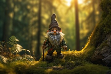 Gnome - guardian of the forest. He looks at the camera and smiling. The fairy-tale character is encountered only by the most daring and responsible visitors to the forest. - obrazy, fototapety, plakaty