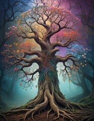 An enchanting tree with a kaleidoscope of colorful leaves stands in a mystical forest, evoking stories of fantasy and magical realms.