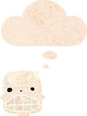 cartoon skull with thought bubble in grunge distressed retro textured style