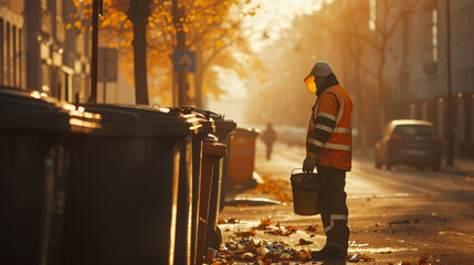 Garbage collector emptying bins, early morning, urban background, professional color grading, clean sharp,clean sharp focus, digital photography - obrazy, fototapety, plakaty
