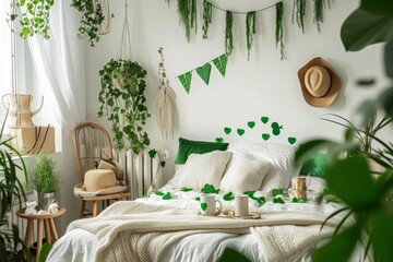Colorful bedroom interior concept with fabric bed, green home plant and home decor