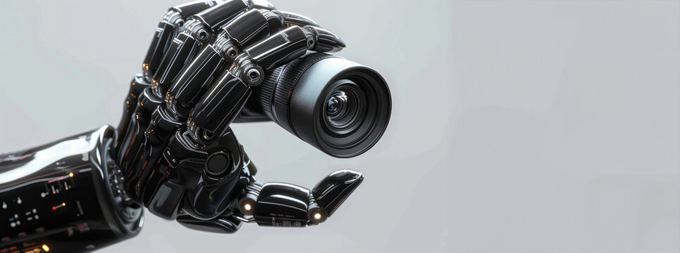 A robot arm holding a camera. The robot arm is holding the camera . Concept of technology and innovation. 3d rendering black robot hand with camera or robotic camera