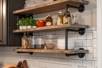 Fototapeta na wymiar Stage shelves in a kitchen featuring minimalist black metal pipe brackets that are one rod and feature a circular base on the wall