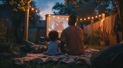 A heartwarming photo capturing a father and son enjoying a bonding moment during an outdoor backyard movie night