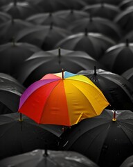 Lone colorful umbrella in a sea of black ones, bright day, wide angle, standing out, vibrant difference, Hyper realistic