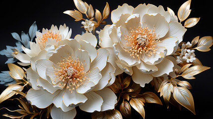 Large white peonies with gold leaves, illustration, volumetric, fresco, building, art, painting, Generative AI