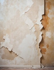 Textured surface of a dilapidated wall with peeling beige paint, showcasing the beauty of decay and the passage of time in an urban environment