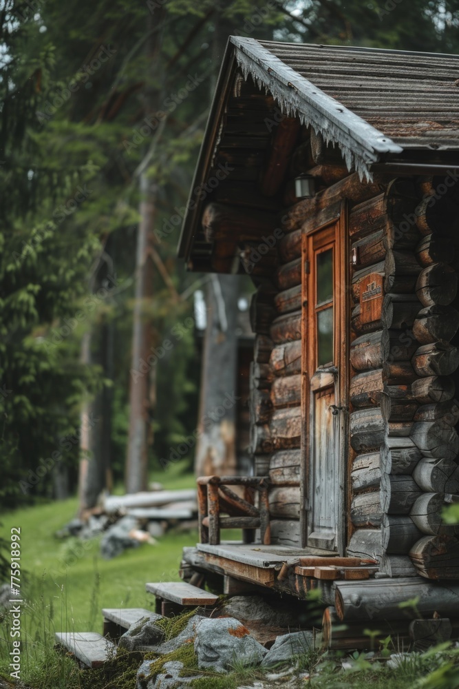 Aufkleber A quaint log cabin with a wooden bench in front of it. Ideal for rustic and outdoor themed designs