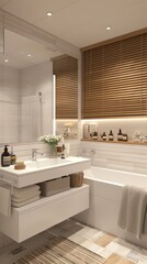 The bathroom is a white square. The washbasin, with a pristine white countertop. The frame of the mirror is made of wood.