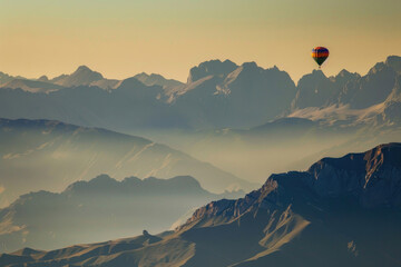 A creative and artistic photo of a hot air balloon flying over a mountain range