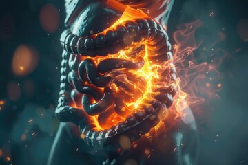 Close up of a person holding a burning stomach. Suitable for medical and health-related concepts - obrazy, fototapety, plakaty