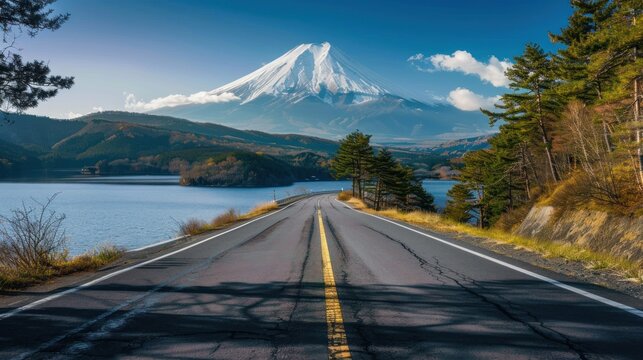 beautiful road with autumn colors Near Mountain.AI generated image