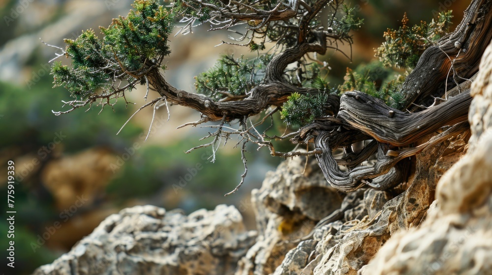 Poster detailed view of a tree growing on a rock. suitable for nature themes