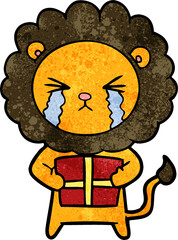 cartoon crying lion with gift