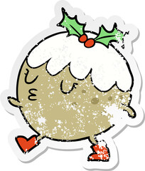 distressed sticker of a cartoon chrstmas pudding walking