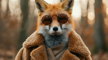 Fashion-forward fox in a faux fur coat, wearing oversized sunglasses, amidst a woodland chic backdrop, lit with dappled sunlight, emanating effortless style and charm