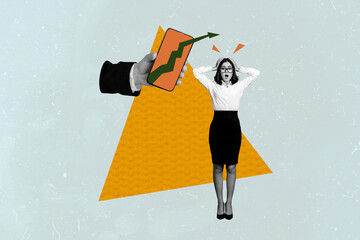 Composite photo collage of shocked businesswoman hand hold iphone luck success arrow up trader promotion isolated on painted background