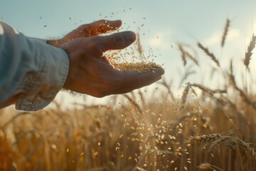 A person holding a handful of grain in a field, suitable for agriculture concepts - obrazy, fototapety, plakaty