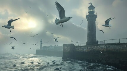 White seagull flying over sea water. AI generated images - Powered by Adobe