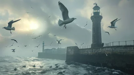 Tafelkleed White seagull flying over sea water. AI generated images © Daisha