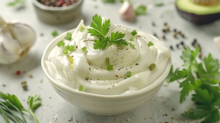 White bowl filled with sour cream, garnished with parsley. Perfect for recipes or food blogs - obrazy, fototapety, plakaty