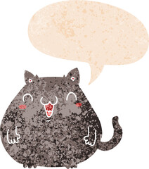 cartoon cat with speech bubble in grunge distressed retro textured style