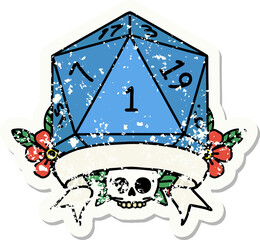 grunge sticker of a natural one d20 dice roll