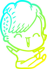 cold gradient line drawing of a cartoon happy hipster girl