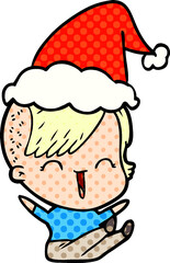 hand drawn comic book style illustration of a happy hipster girl wearing santa hat