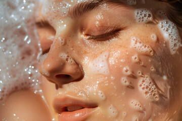 Fototapeta premium Young woman dry skin face care with moisturizing nourishing serum in the bath, close up.