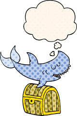 cartoon shark swimming over treasure chest with thought bubble in comic book style