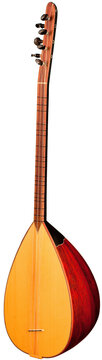 A Turkish saz lute with a wooden body, featuring a pearshaped soundboard with multiple strings and a dark wood trim. The instrument is isolated on a white background.