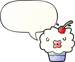 funny cartoon cupcake with speech bubble in smooth gradient style