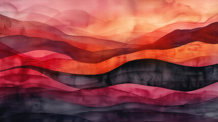 Abstract Colorful Wavy Lines in Red and Black Hues with Watercolor Texture - obrazy, fototapety, plakaty