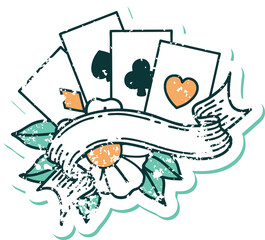 iconic distressed sticker tattoo style image of cards and banner