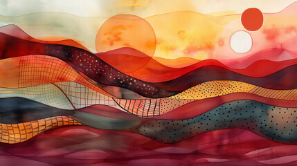 Surreal Sunset Landscape in Watercolor: Abstract Dunes with Geometric Patterns - obrazy, fototapety, plakaty