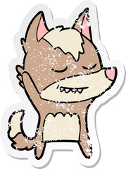 distressed sticker of a friendly cartoon wolf