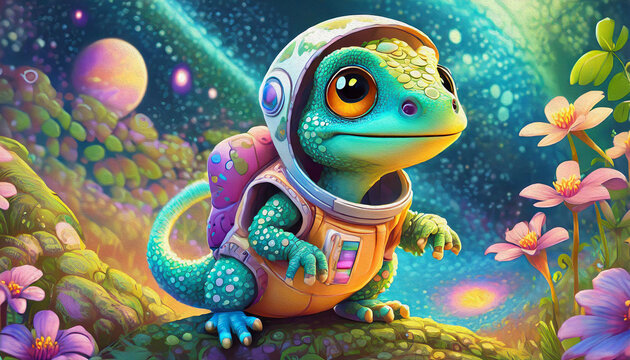 oil painting style cartoon character baby lizard Astronaut of Space