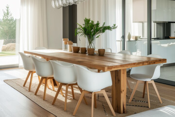  Modern Dining Room Interior with White Chairs and Wooden Table - 775921316