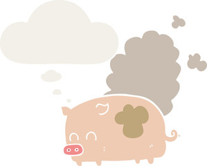 cartoon smelly pig with thought bubble in retro style