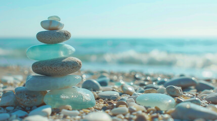 Sea glass Zen stones arranged in a balance pyramid on the beach. Beautiful azure color sea with blurred seascape background