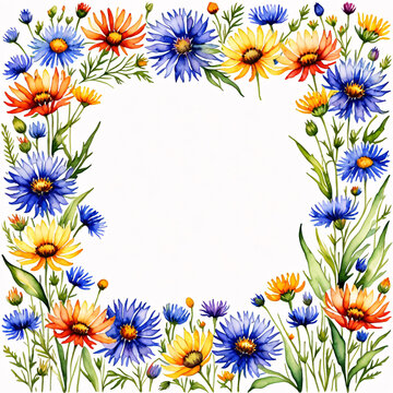 Watercolor Frame of Vibrant Wildflowers