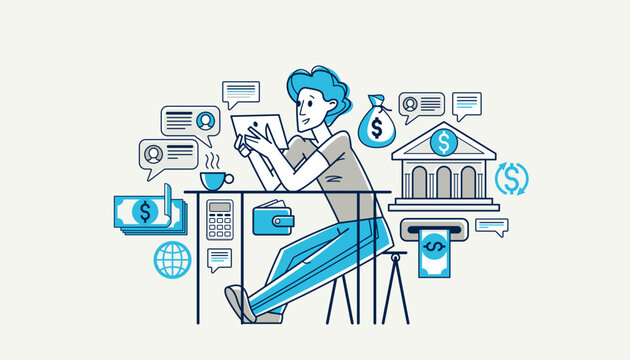 Online banking vector outline illustration, manager working with finances or customer manages his account with deposit or credit, e-banking.