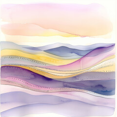 Abstract Watercolor Landscape with Multicolored Waves, Wavy Lines and Dotted Patterns