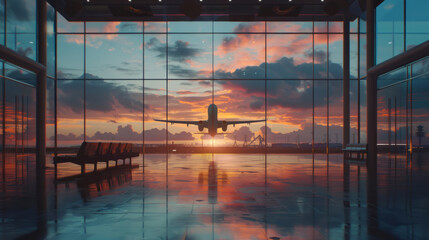 Silhouette of a plane taking off or landing in sunset sky from empty airport lobby