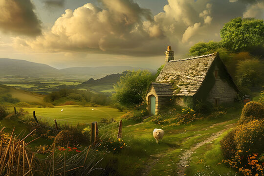 Stone cottage beneath dramatic clouds in rolling green countryside