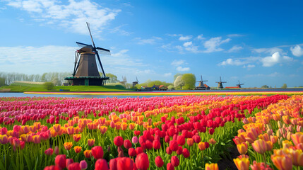 Sprawling Colorful Tulip Fields Blooming Flowers