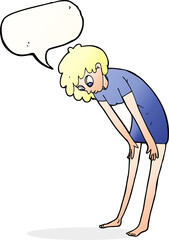 cartoon woman looking at her feet with speech bubble