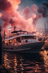 Boats in the harbour at sunset. Night panoramic view. - obrazy, fototapety, plakaty