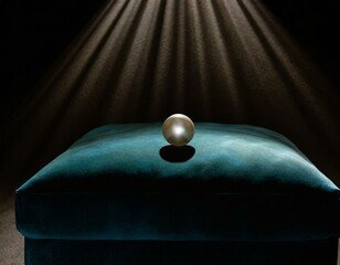 A spotlight on a dark stage illuminating a single pearl on a velvet cushion, focusing on its simplicity and the drama of isolation - obrazy, fototapety, plakaty